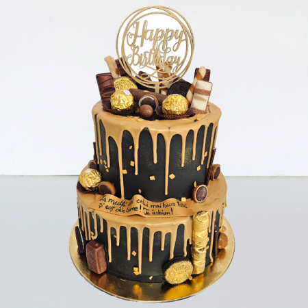 Torturi - Tort in frosting cu etaj negru cu drip auriu