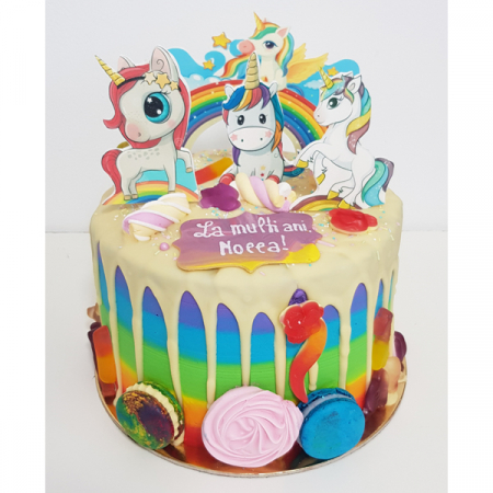 Torturi in pasta de zahar pentru fetite - Tort Happy Rainbow cu ponei 2D
