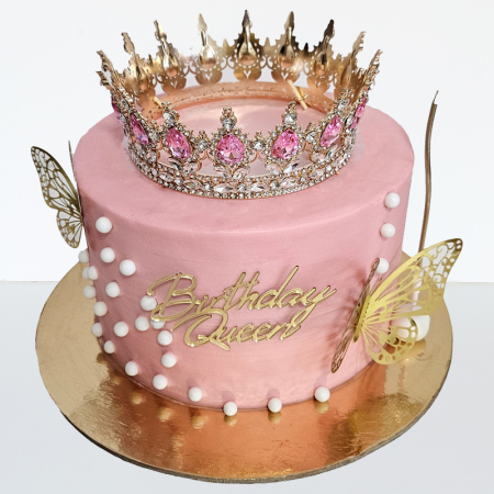 Torturi speciale fara martipan - Tort in frosting pe roz, coronita metal, sclipici si fluturi aurii