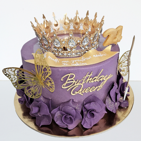 Torturi speciale fara martipan - Tort in frosting coronita metal trandafiri pe mov