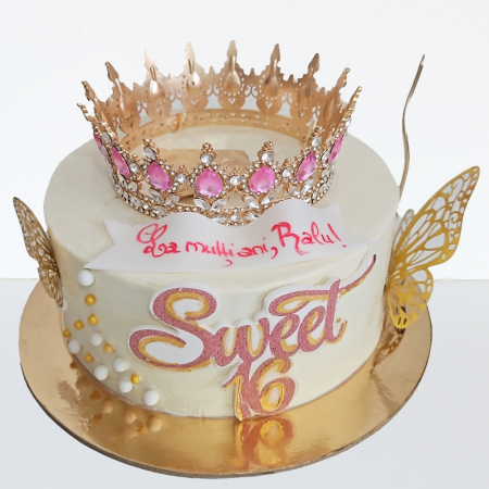 Torturi copii - Tort in frosting coronita metal, fluturi sclipici Sweet 16