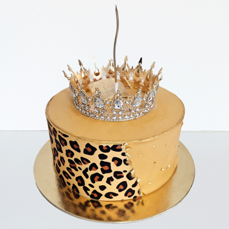 Torturi copii - Tort in frosting print leopard, coronita metal si sclipici