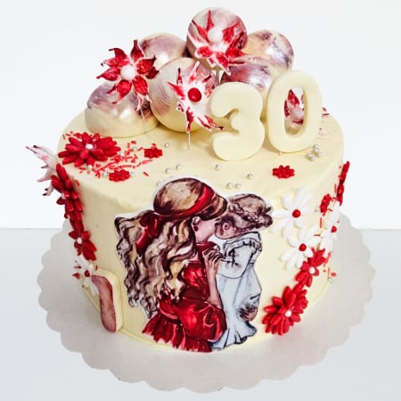 Torturi copii - Tort in frosting mamica, copil si flori rosii
