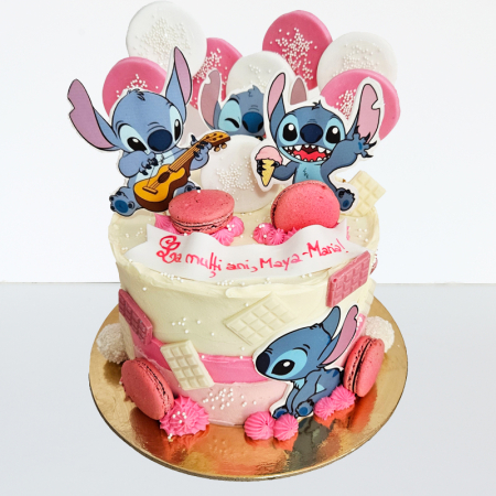 Torturi copii - Tort in frosting Stitch cu ciocolatele pe roz