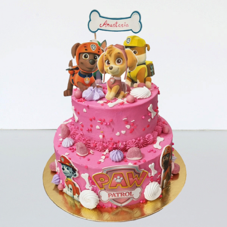 Torturi in frosting- crema pentru fetite - Tort Paw patrol cu etaj in frosting roz