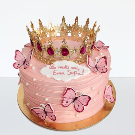 Torturi copii - Tort in frosting coronita metal, fluturi pasta de zahar