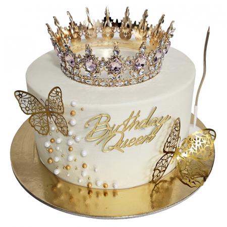 Torturi speciale fara martipan - Tort in frosting coronita metal, sclipici, fluturi aurii