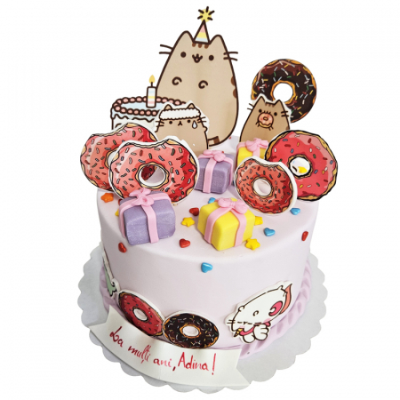 Torturi in pasta de zahar pentru baietei - Tort Pusheen 2d si gogosele