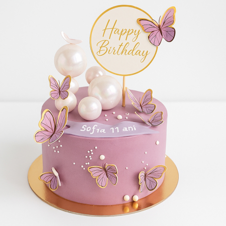 Torturi copii - Tort in frosting fluturi mov si topper happy Birthday