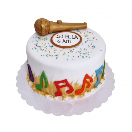 Torturi in pasta de zahar pentru fetite - Tort microfon auriu cu note coloate