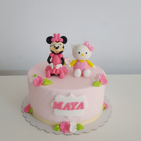 Torturi in pasta de zahar pentru fetite - Tort Minnie Mouse si pisicuta