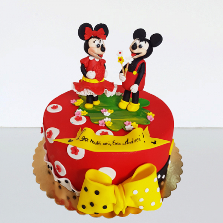Torturi in pasta de zahar pentru fetite - Tort Minnie si Mickey cu buchet flori