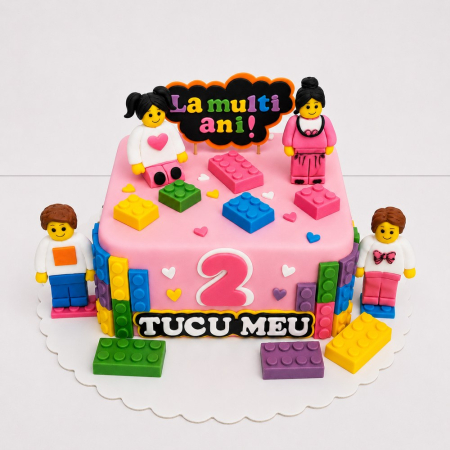 Torturi in pasta de zahar pentru fetite - Tort Lego pe roz