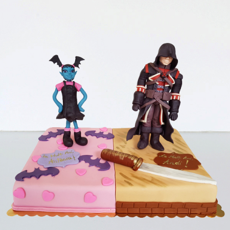 Torturi in pasta de zahar pentru fetite - Tort pentru gemeni, Asasin Creed si Vampirina