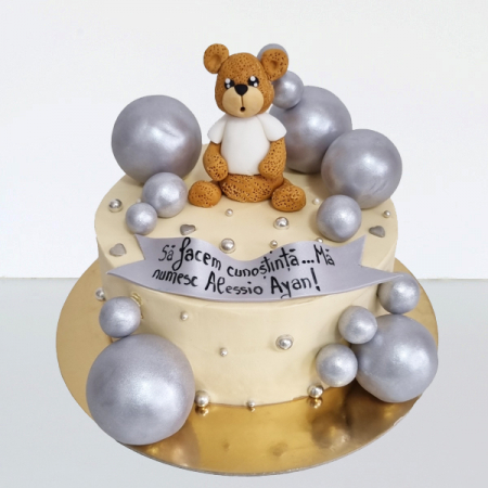 Torturi in frosting- crema pentru baieti - Tort Ursulet in frosting cu baloane argintii