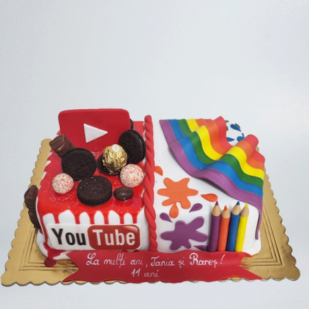 Torturi in pasta de zahar pentru fetite - Tort doua teme You tube si creioane