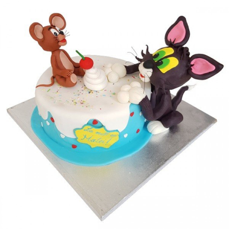 Torturi in pasta de zahar pentru fetite - Tort Tom si Jerry si cireasa