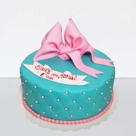 Torturi in pasta de zahar pentru fetite - Tort Turquoise cu fundita roz