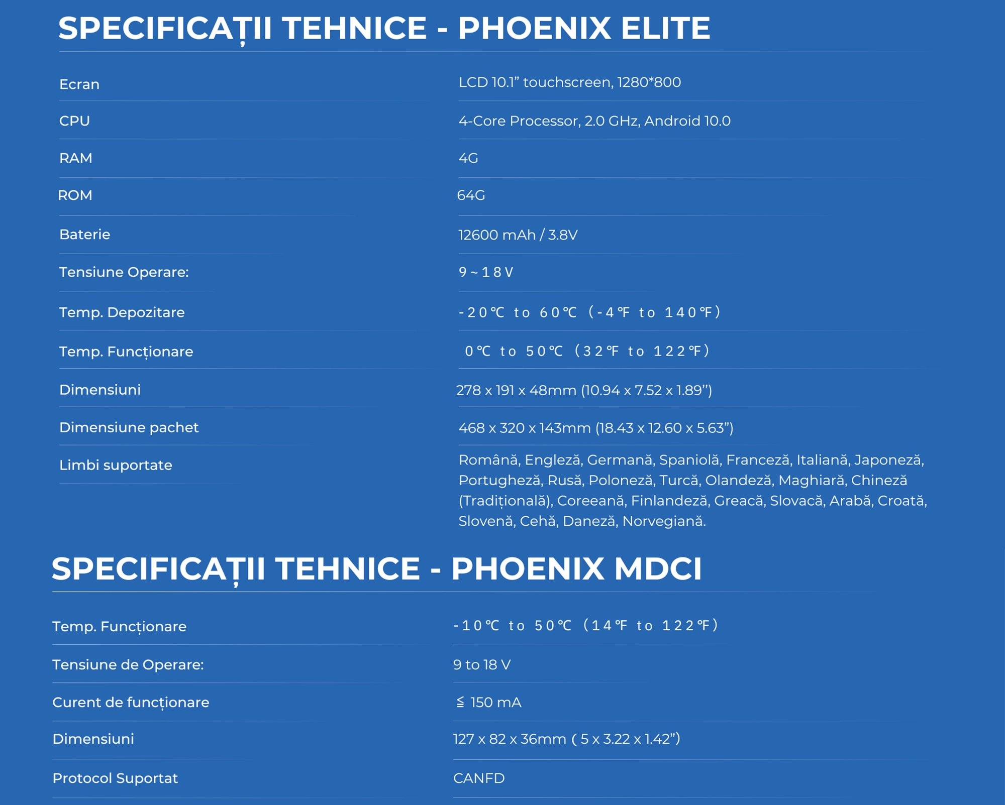 Specificatii tehnice ale testerului auto profesional Topdon Phoenix Elite