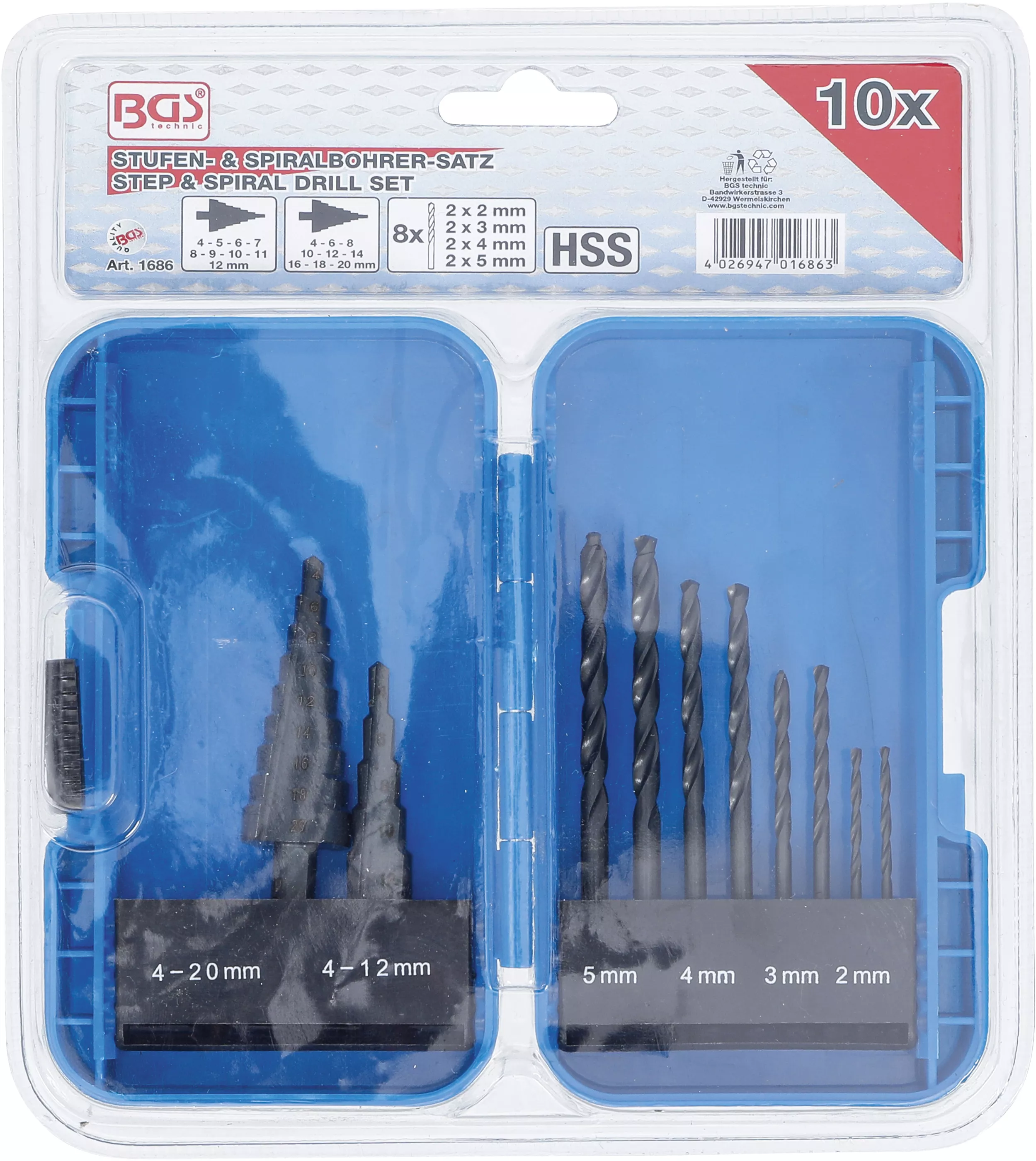 Set burghie in trepte si set burghie spirale | HSS | 4 - 12 / 4 - 20 mm | 2 - 5 mm | 10 piese [6]