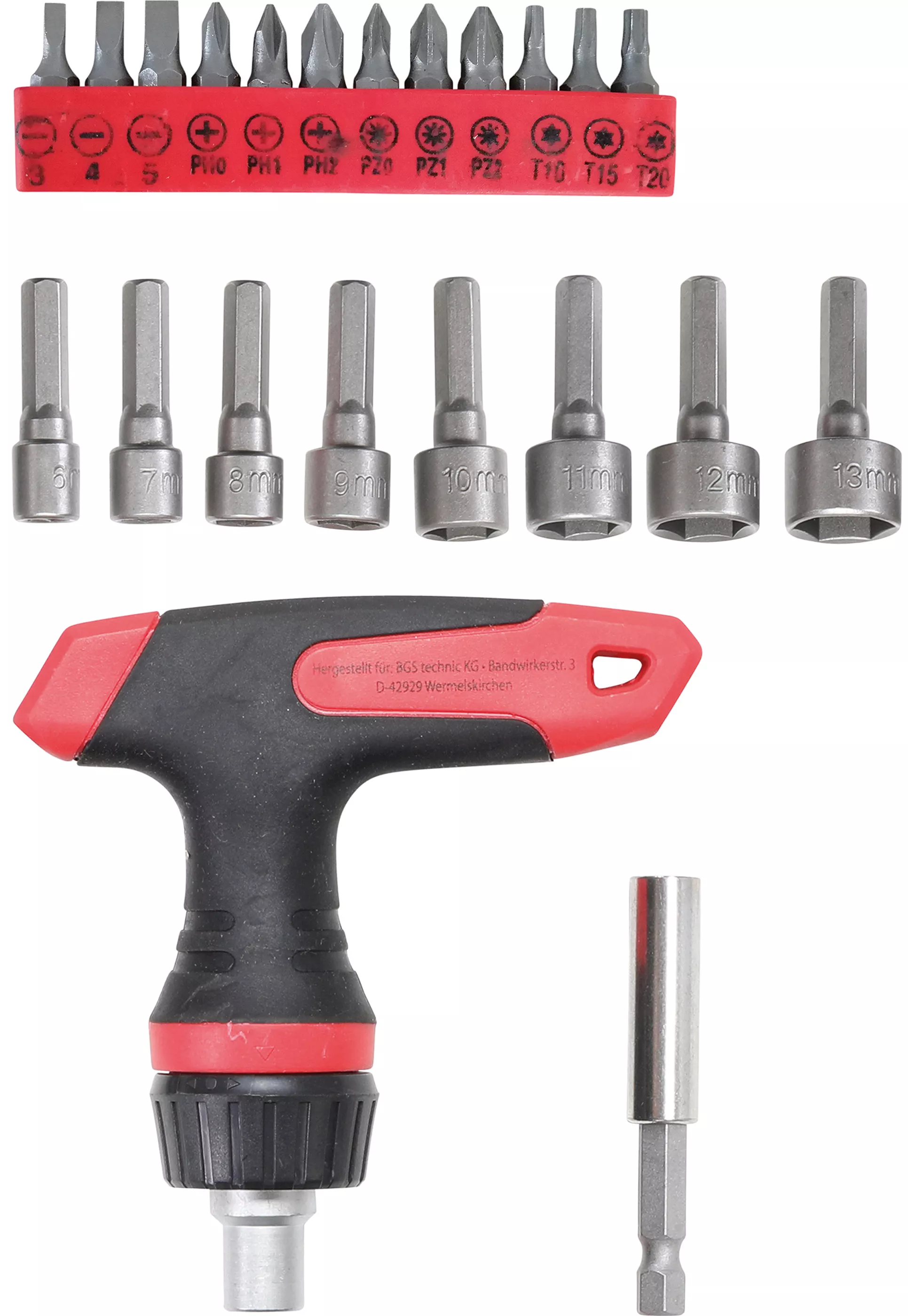 Set biti/chei tubulare | cu maner rotitor cu clichet pentru biti, comutabil | varianta maner T | 22 piese [1]