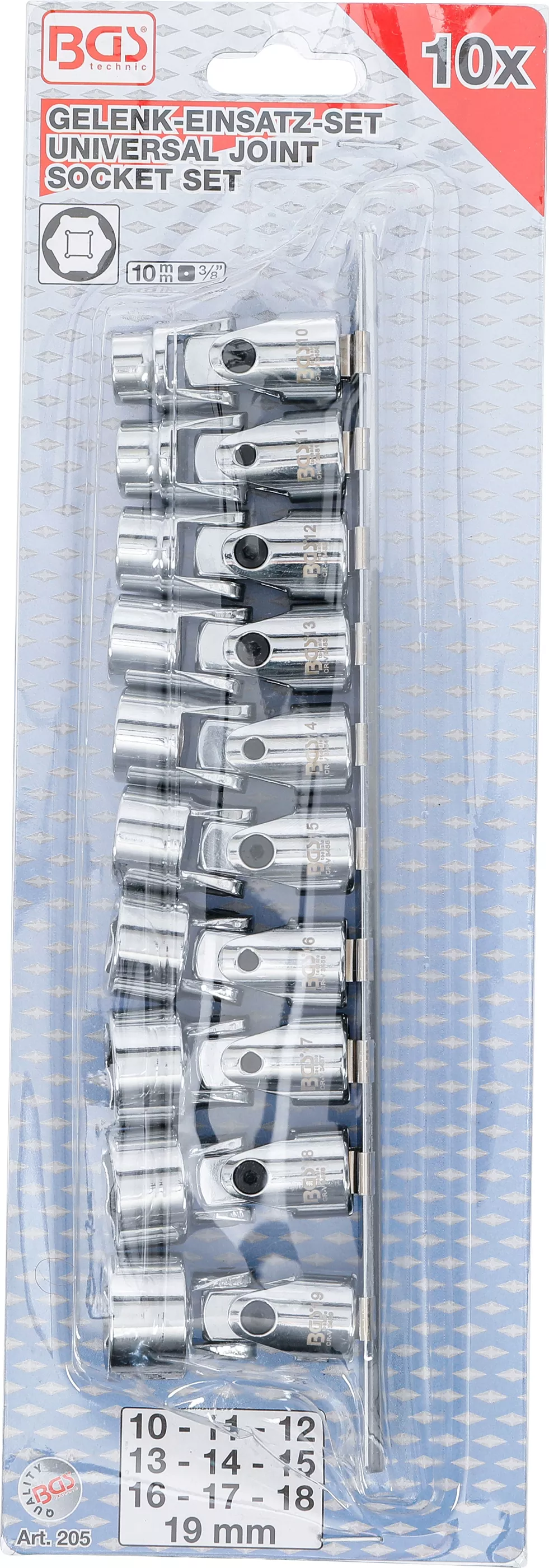 Set capete de cheie articulatie cardanica, 6 colturi | 10 mm (3/8") | 10 - 19 mm | 10 piese [4]