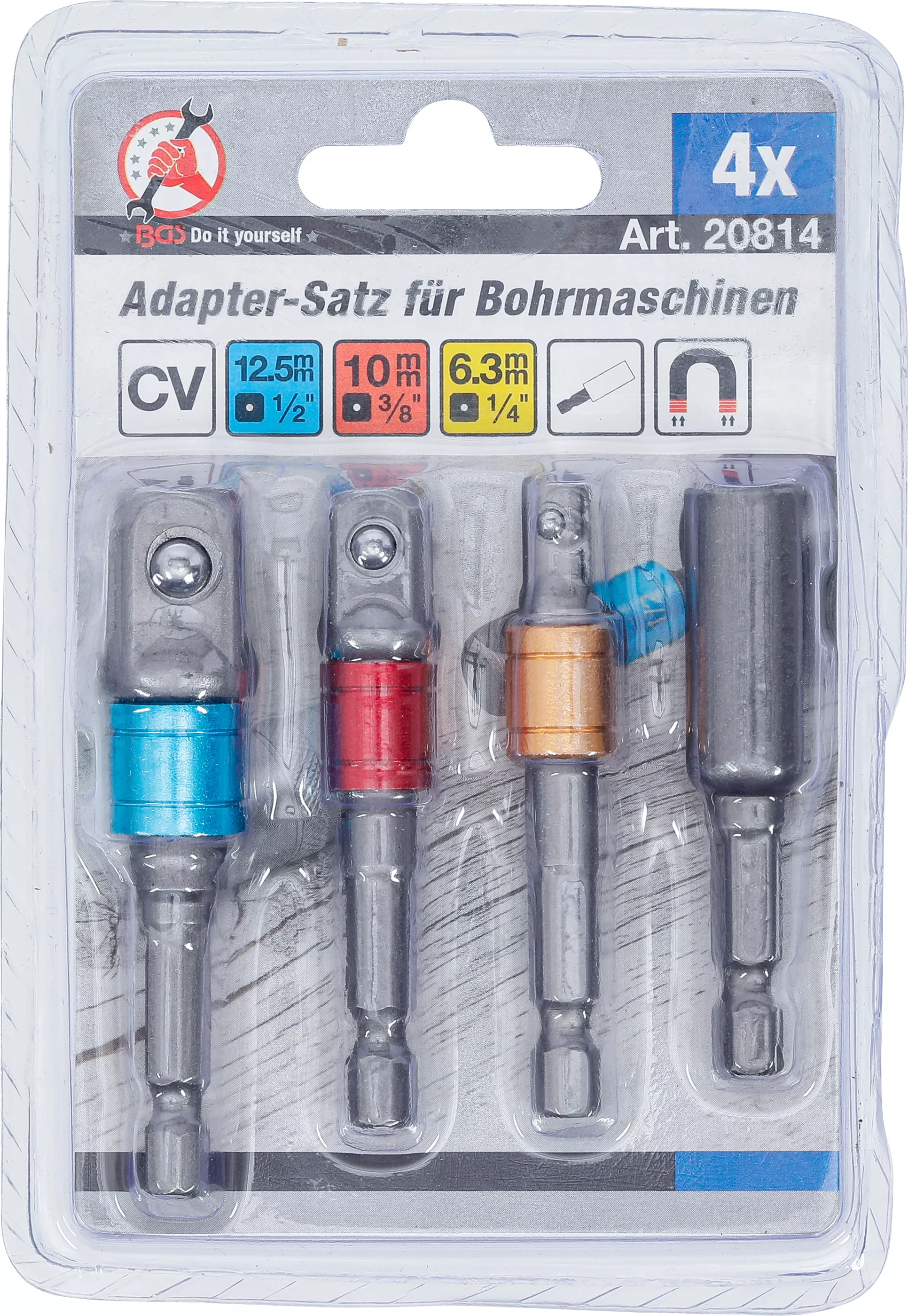Set adaptoare pentru masini de gaurit | colorate | antrenare 6 colturi exterior 6,3 mm (1/4") | 6,3 mm (1/4"), 10 mm (3/8"), 12,5 mm (1/2"), hexagon interior 6,3 mm (1/4") | 4 piese [5]