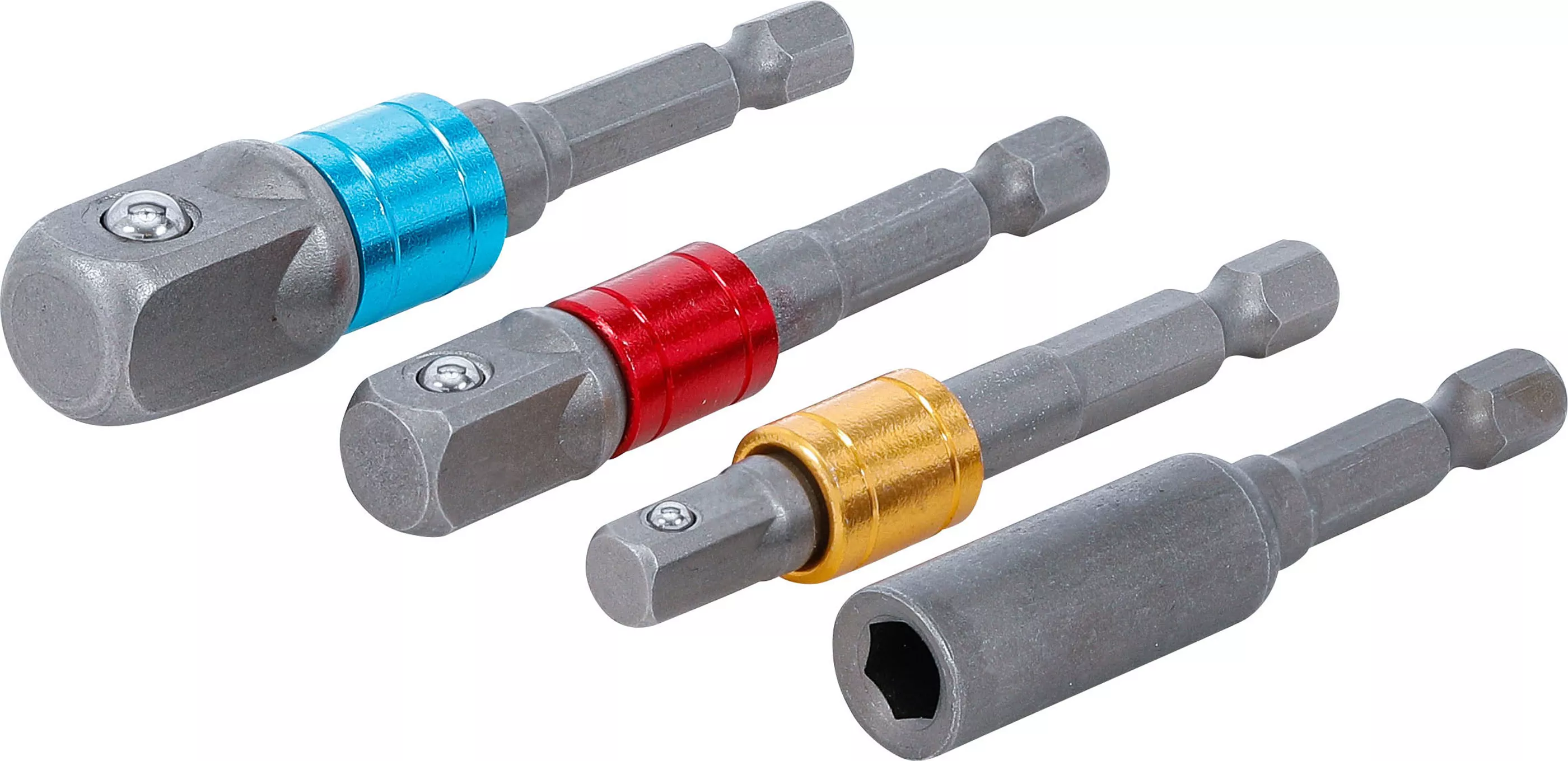Set adaptoare pentru masini de gaurit | colorate | antrenare 6 colturi exterior 6,3 mm (1/4") | 6,3 mm (1/4"), 10 mm (3/8"), 12,5 mm (1/2"), hexagon interior 6,3 mm (1/4") | 4 piese [1]