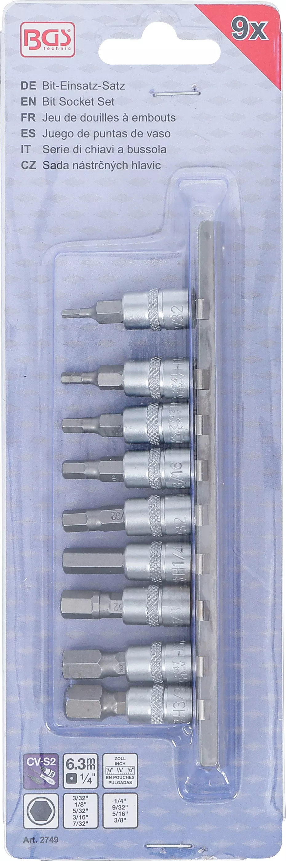 Set biti | 6,3 mm (1/4") | hexagon interior 3/32 - 3/8" | Marimi in toli | 9 piese [3]