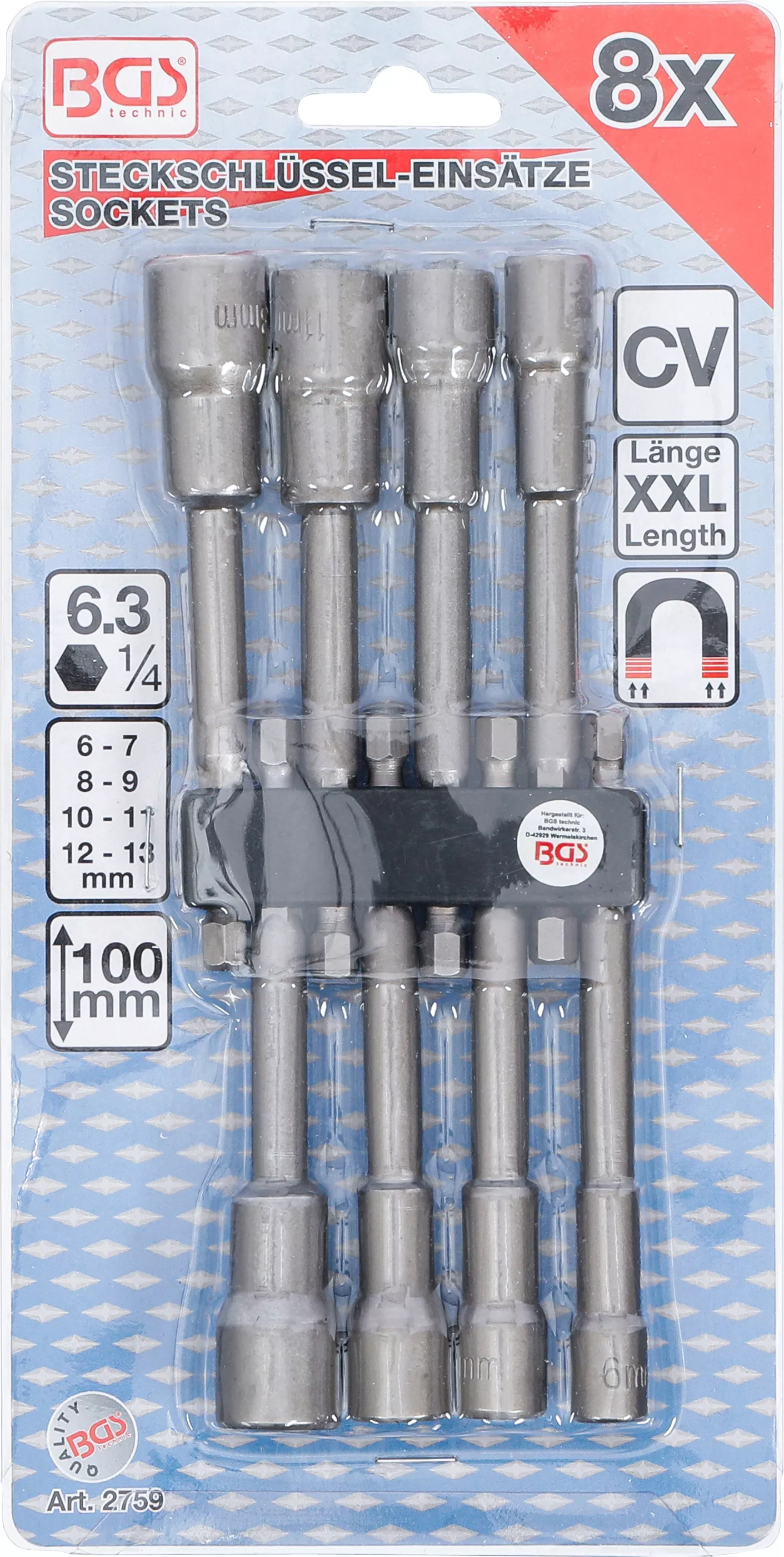 Set chei tubulare 6 colturi | extra lungi | Antrenare 6 colturi exterior 6,3 mm (1/4") | pentru masini de gaurit | 6 - 13 mm | 8 piese [7]