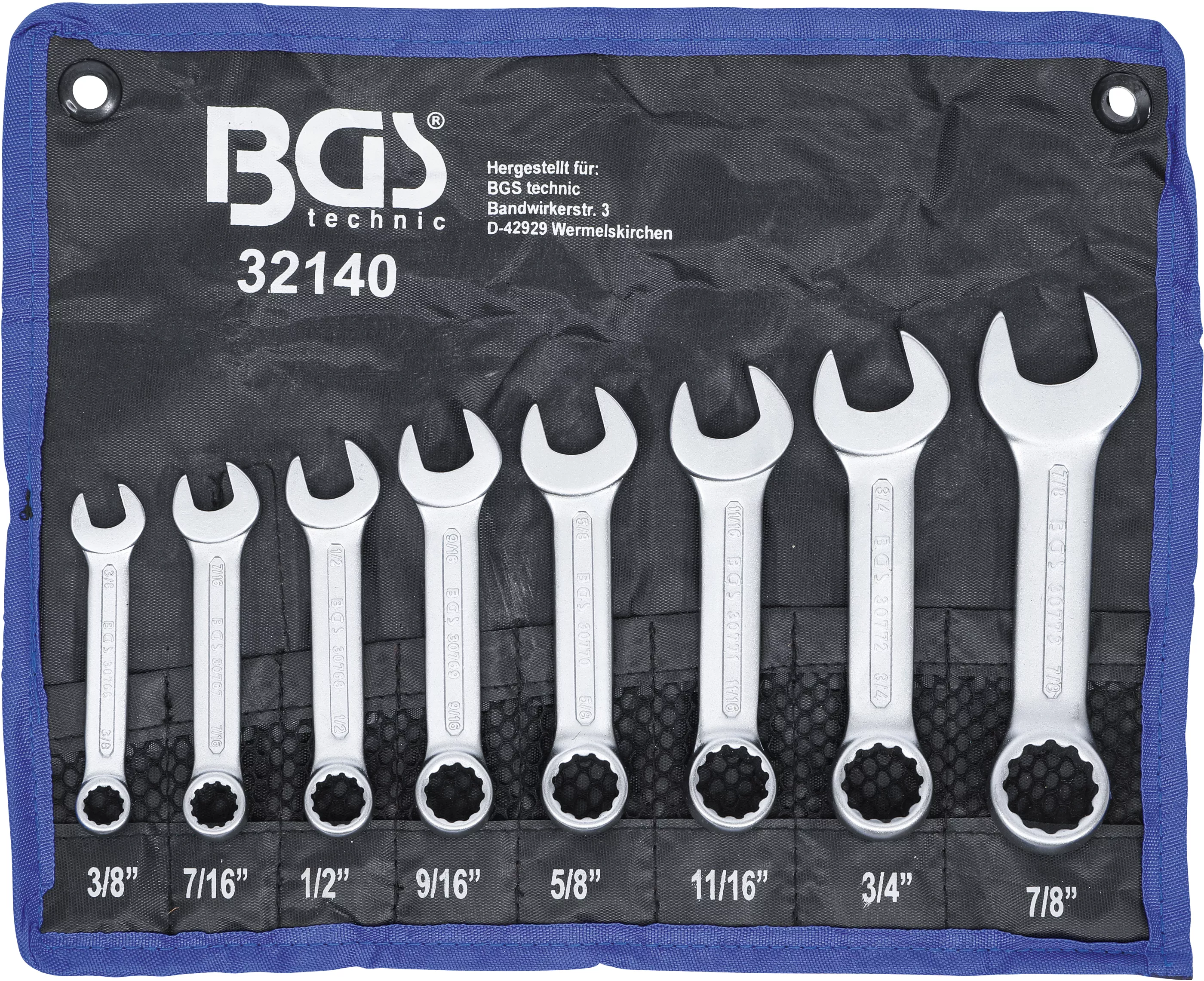 Chei fixe-inelare - Set chei combinate | extra scurte | Marimi in toli | 3/8" - 7/8" | 8 piese