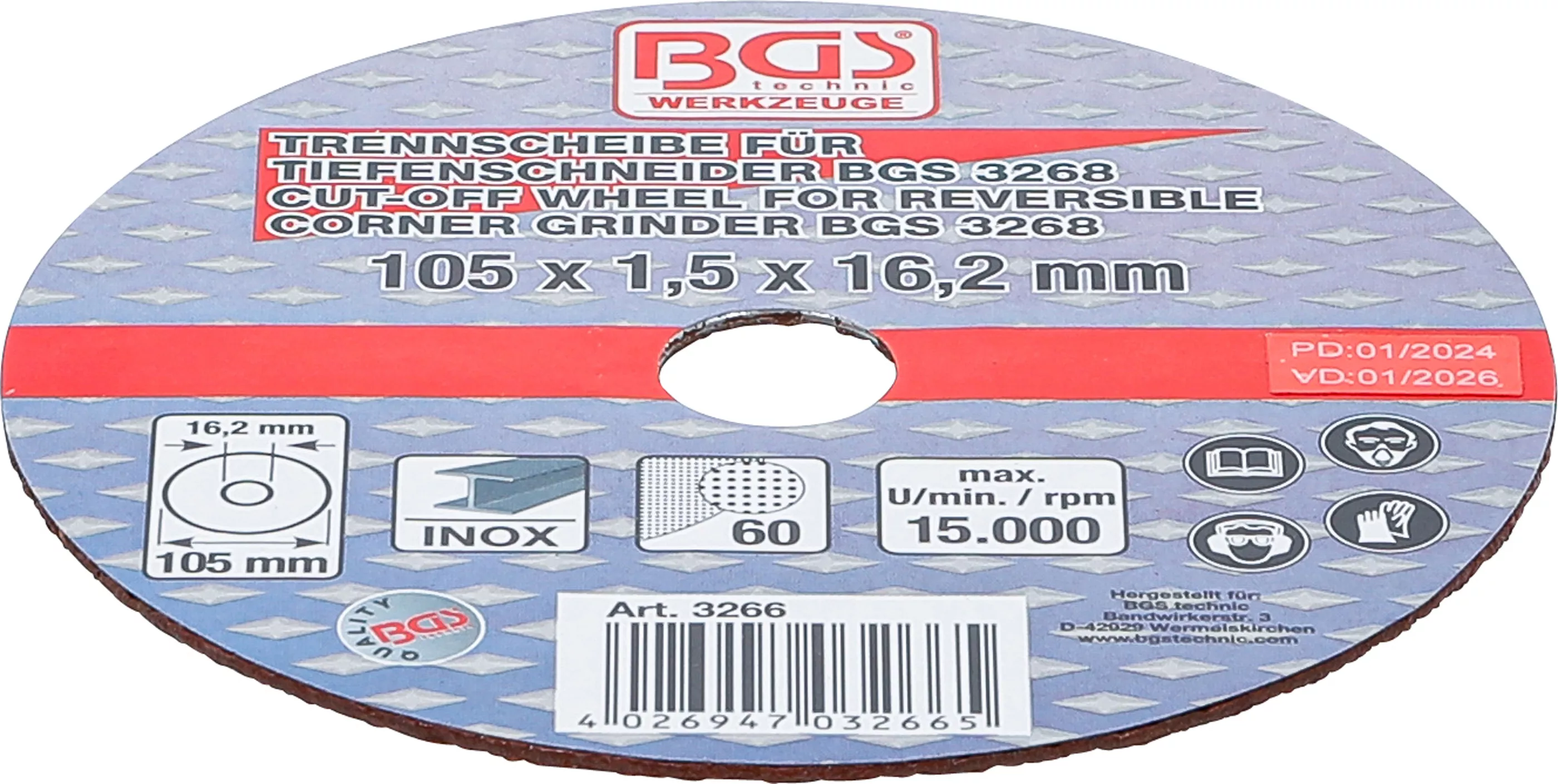 Disc taiere pentru aparat taiere in adancime BGS | o 105 x 1,5 x 16,2 mm [3]