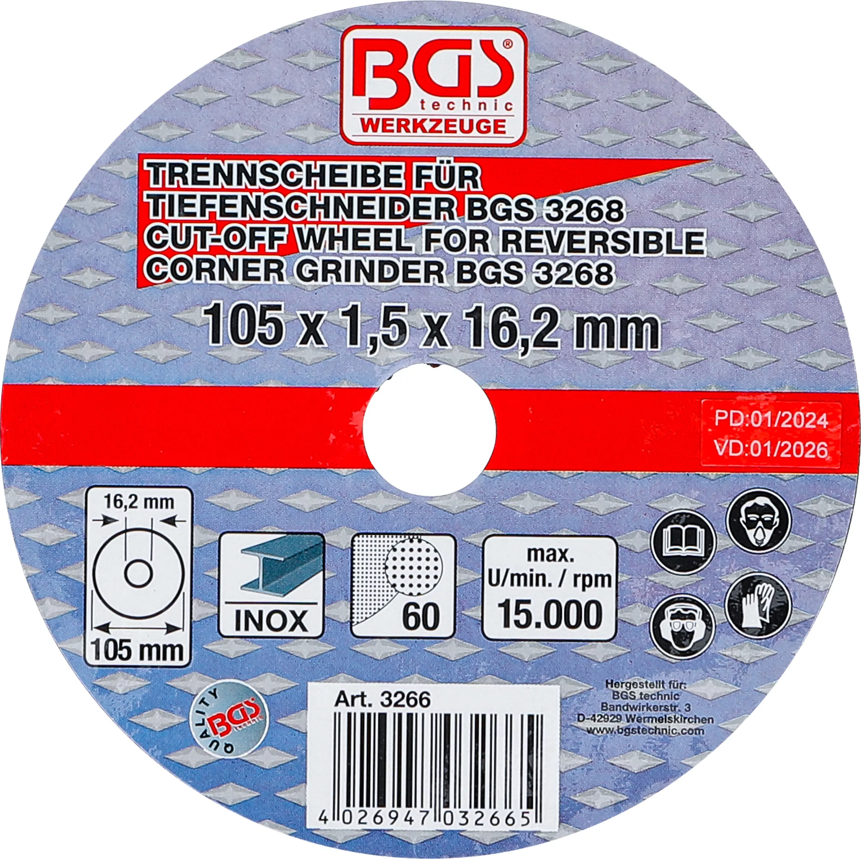 Unelte şi scule pneumatice - Disc taiere pentru aparat taiere in adancime BGS | o 105 x 1,5 x 16,2 mm