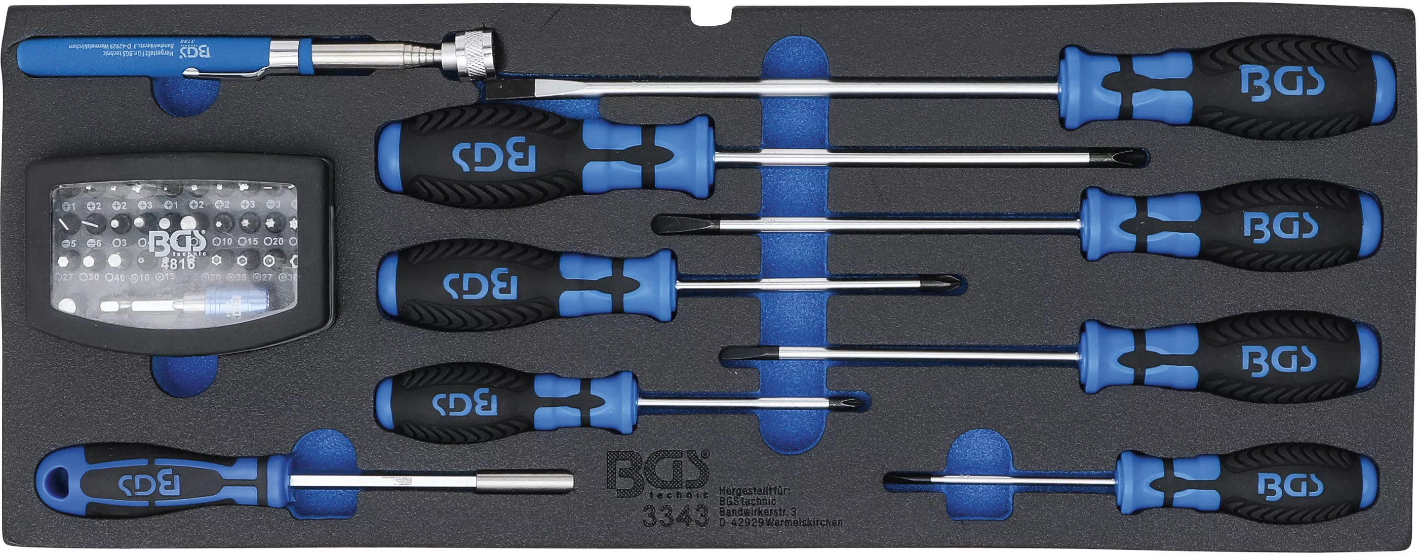 Capete de chei tubulare & cutii pentru unelte - Suport din spuma pentru BGS 3312: surubelnite, set biti si dispozitiv magnetic de ridicare | 41 piese