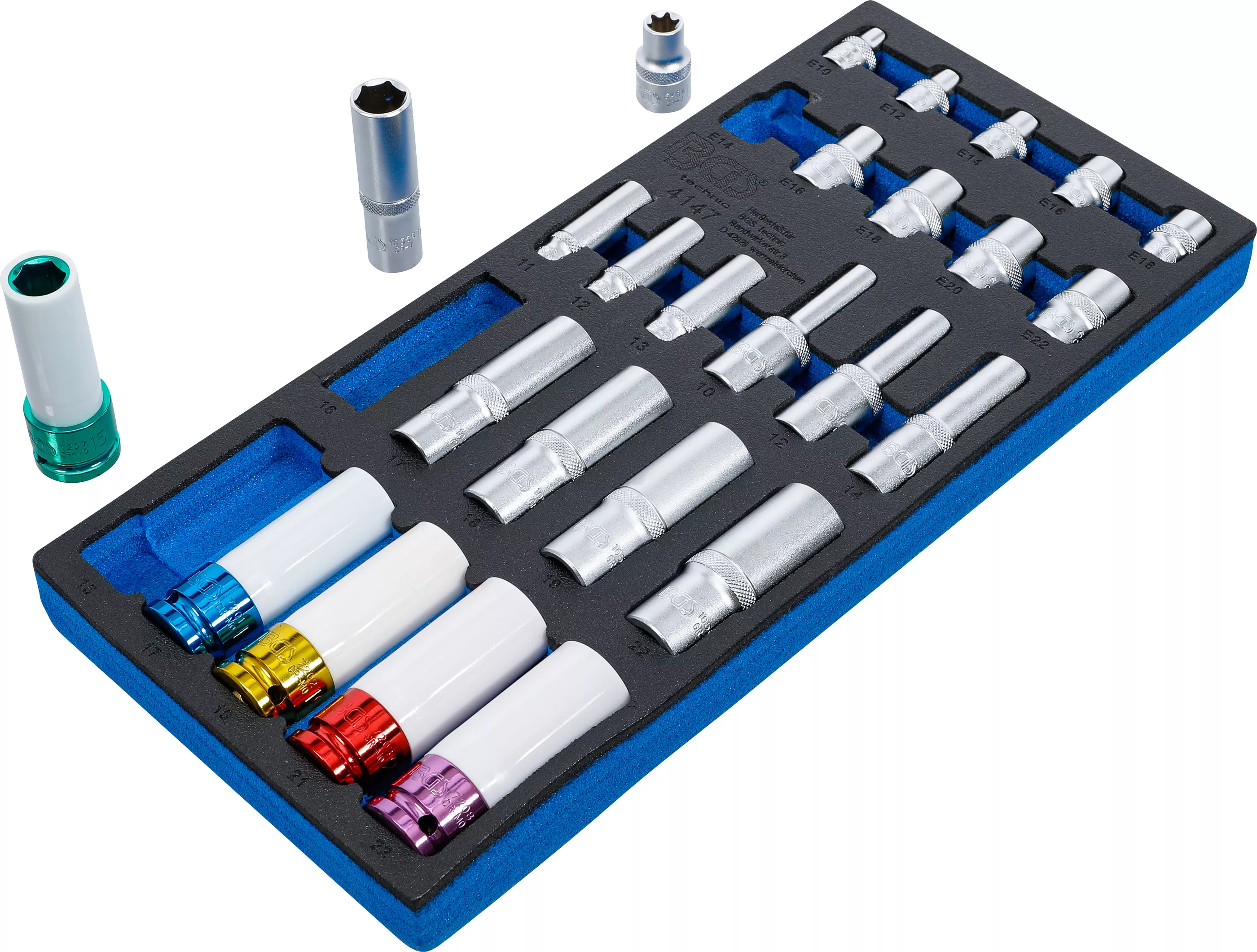 Suport organizator pentru carucior 1/3: Capete chei tubulare hexagonale, adanci, 11, 22 mm | Profil E E10 - E22 | 6,3 mm (1/4"), 10 mm (3/8"), 12,5 mm (1/2") | 26 piese [2]