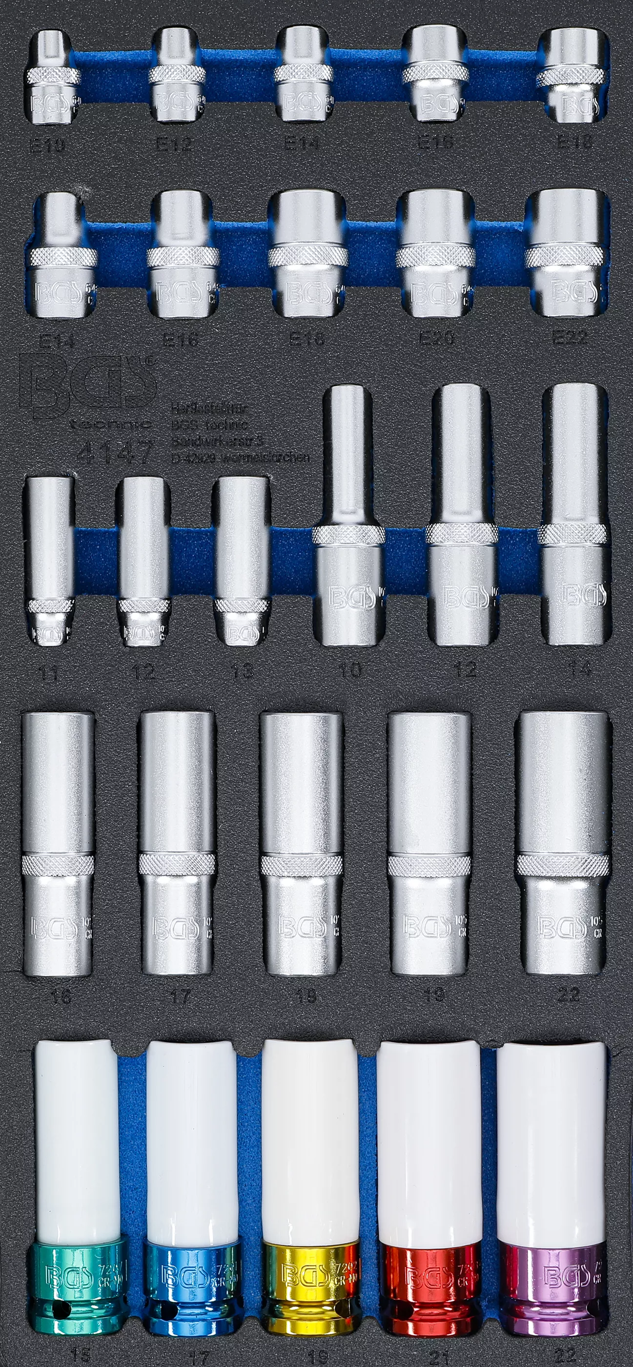Cărucior atelier şi accesorii - Suport organizator pentru carucior 1/3: Capete chei tubulare hexagonale, adanci, 11, 22 mm | Profil E E10 - E22 | 6,3 mm (1/4"), 10 mm (3/8"), 12,5 mm (1/2") | 26 piese