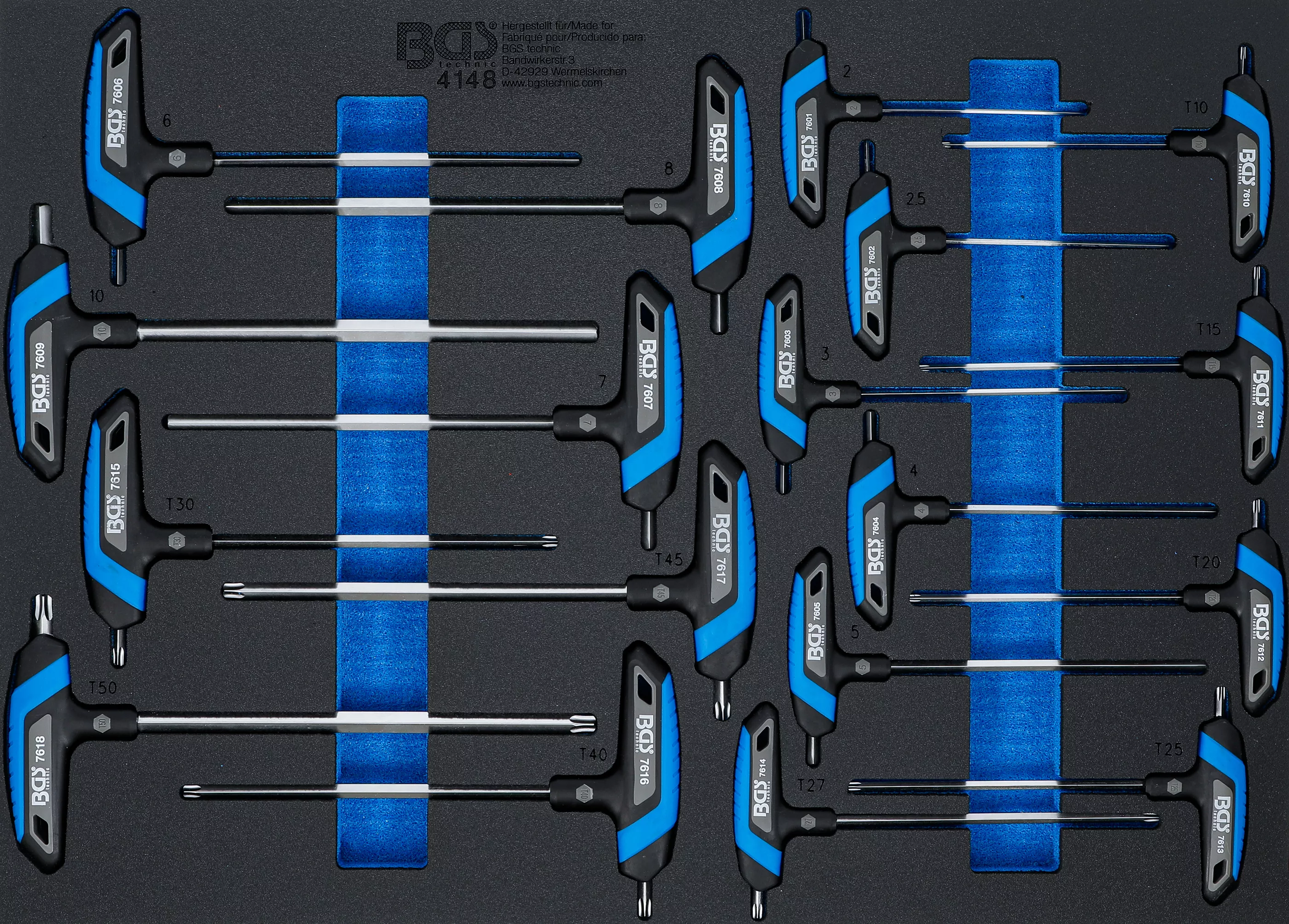 Cărucior atelier şi accesorii - Suport organizator pentru carucior 3/3: Set surubelnite cu maner T | Hexagon interior, Profil T (pentru Torx) | 18 piese