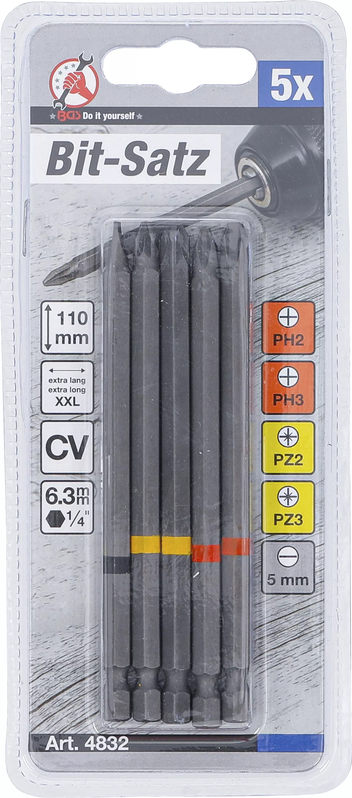 Set biti | Antrenare hexagon exterior 6,3 mm (1/4") | Cap cruce PH, Cap cruce PZ, lama dreapta | Lungime 110 mm | 5 piese [5]