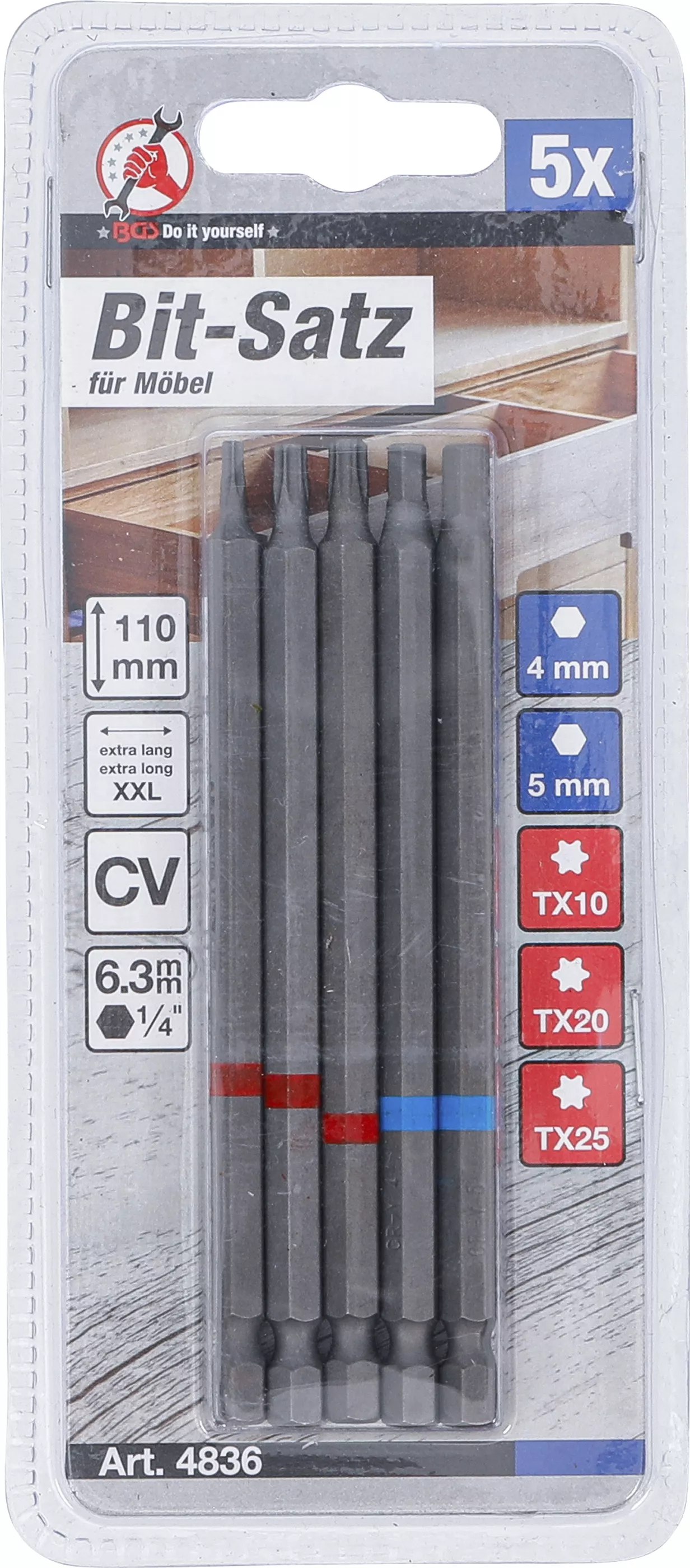 Set biti | Antrenare hexagon exterior 6,3 mm (1/4") | Hexagon interior, Profil T (pentru Torx) | Lungime 110 mm | 5 piese [4]