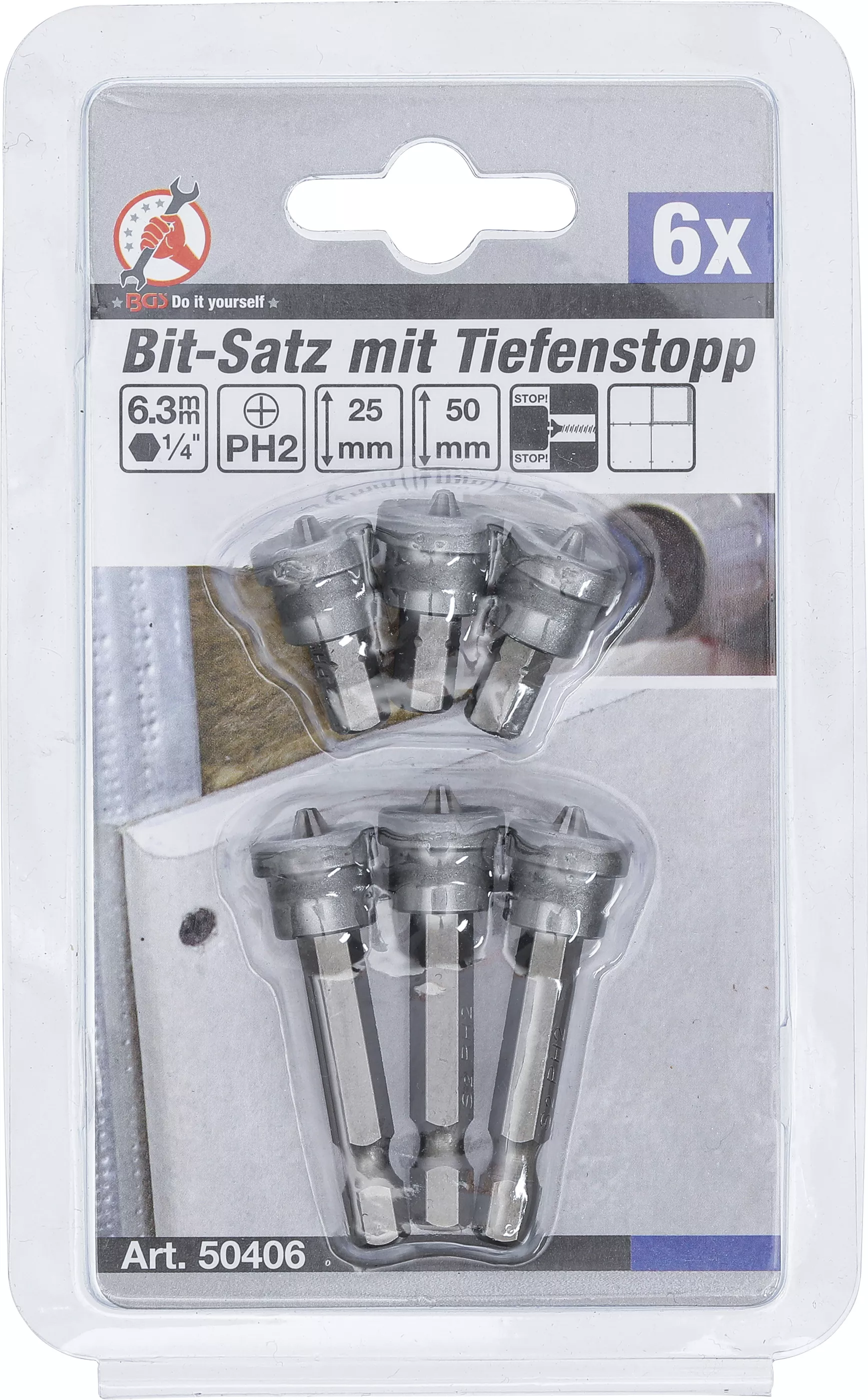Set biti cu opritor pe adancime | pentru placi din gips-carton | antrenare hexagon exterior 6,3 mm (1/4") | crestatura in cruce PH2 | 6 piese [4]