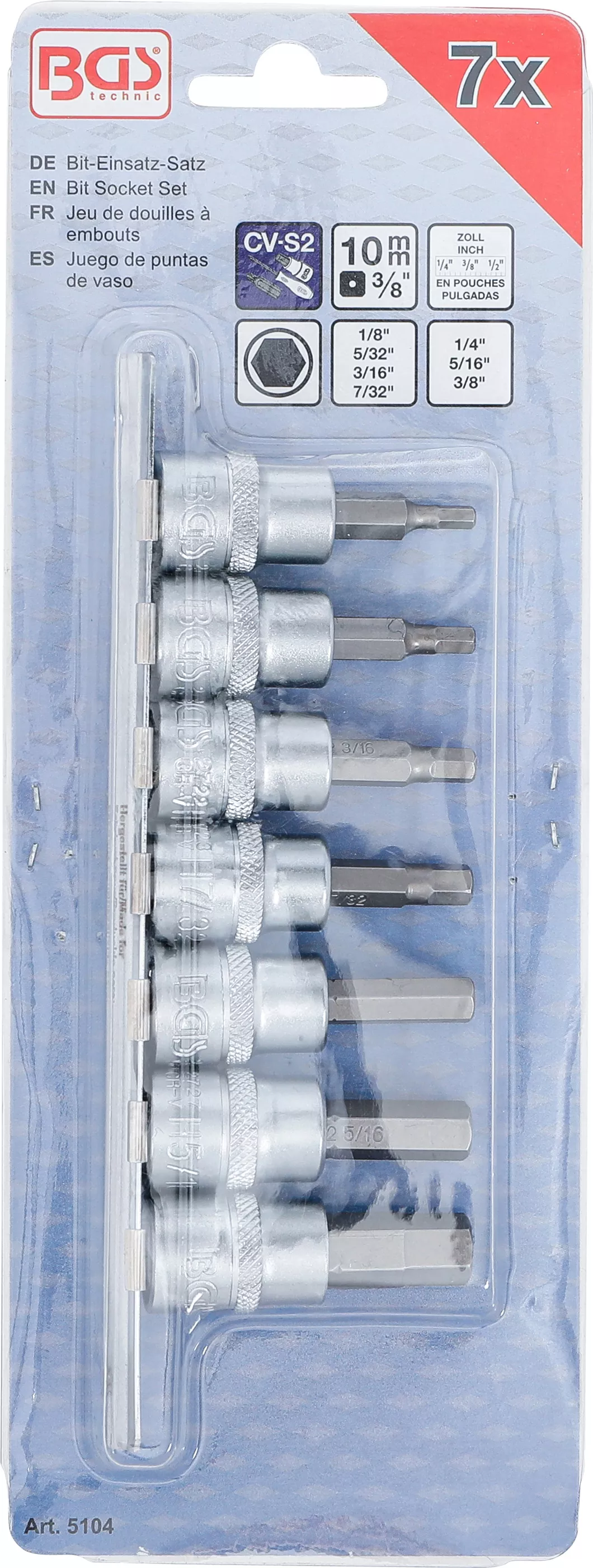 Set biti | 10 mm (3/8") | hexagon interior 1/8 - 3/8" | Marimi in toli | 7 piese [3]