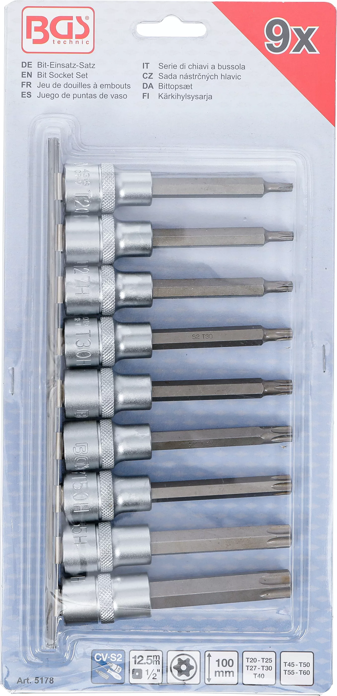 Set biti | 12,5 mm (1/2") | Profil T (pentru Torx) cu gaura | 9 piese [3]