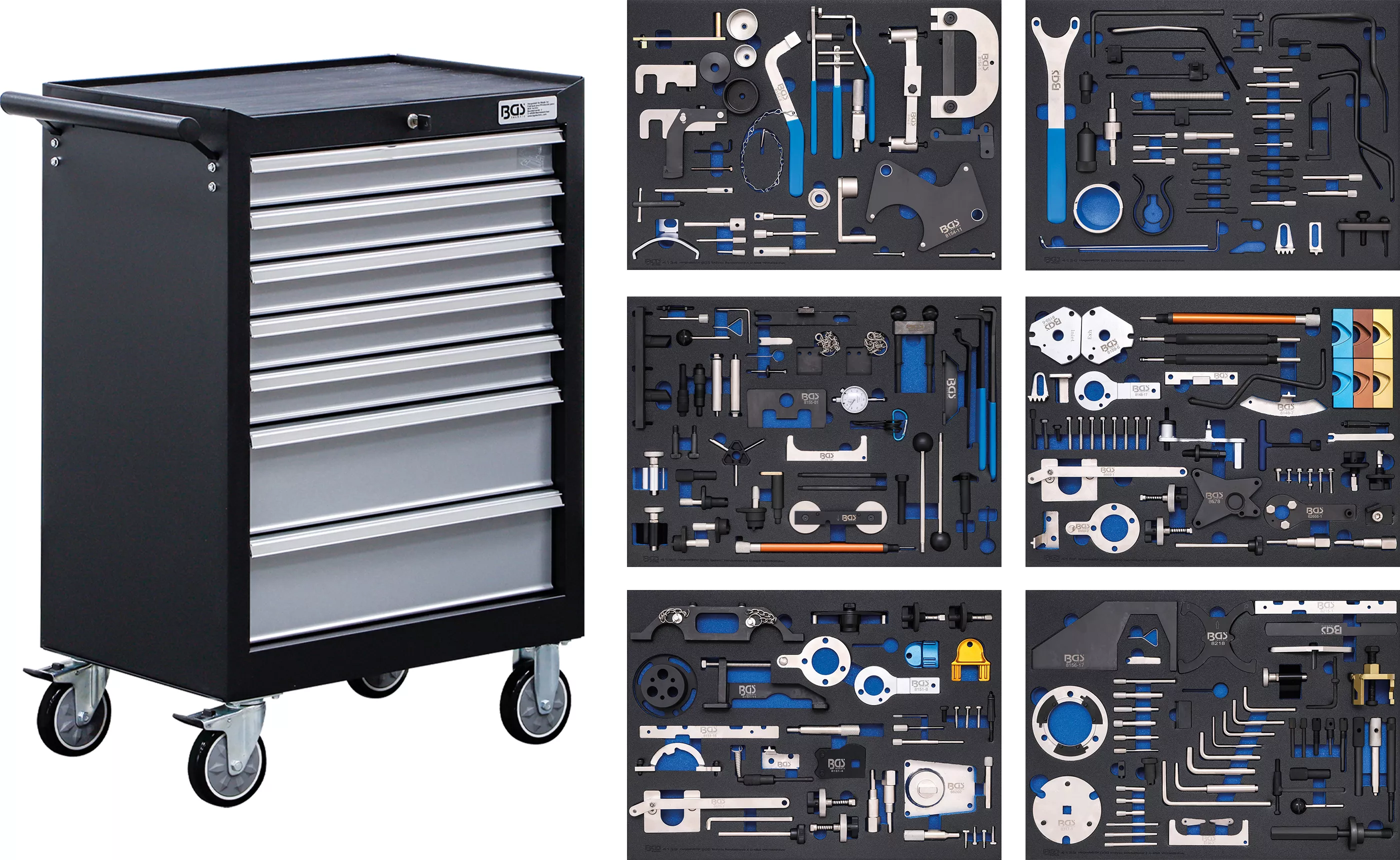 Scule - Carucior atelier | 7 sertare | Seturi dispozitive reglare motor | 223 piese
