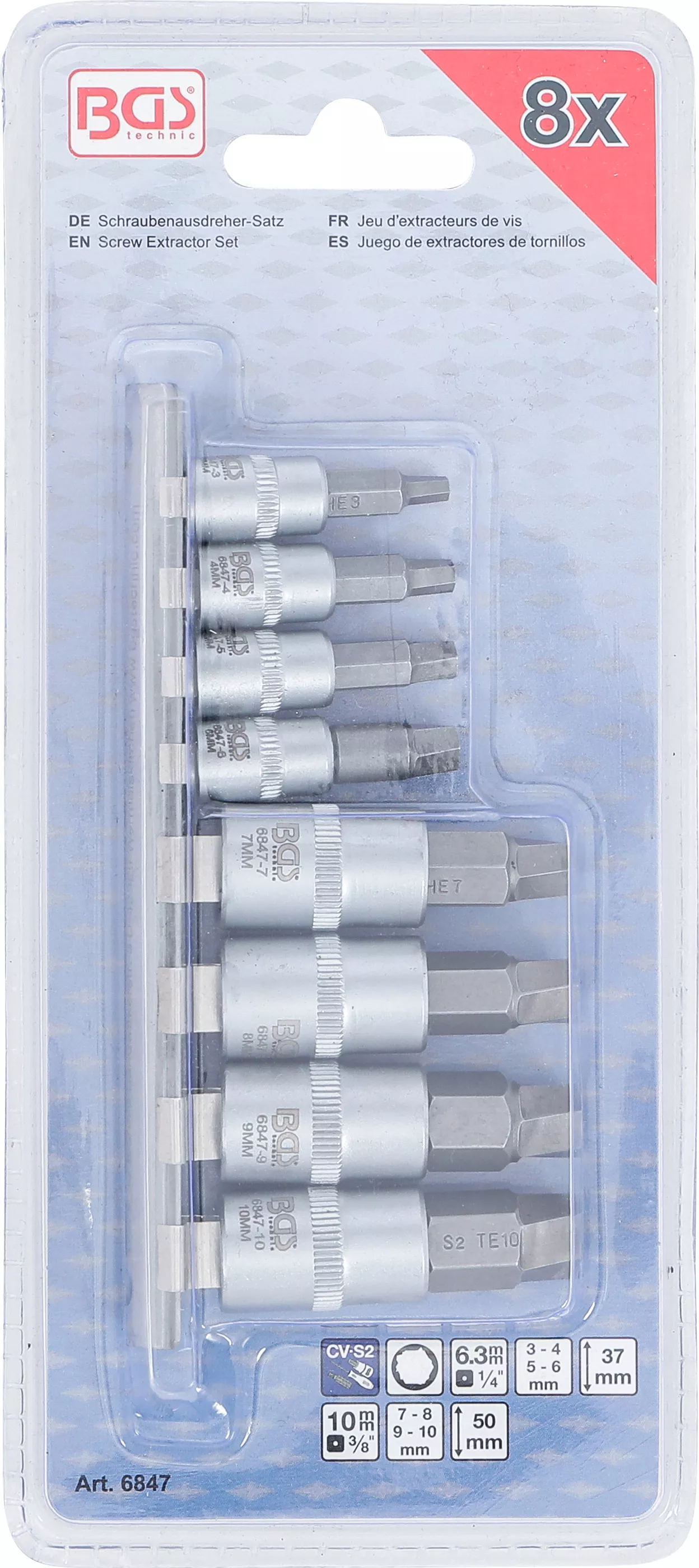 Set extractoare suruburi | 6,3 mm (1/4") / 10 mm (3/8") | pentru hexagon interior defect 3 - 10 mm | 8 piese [3]