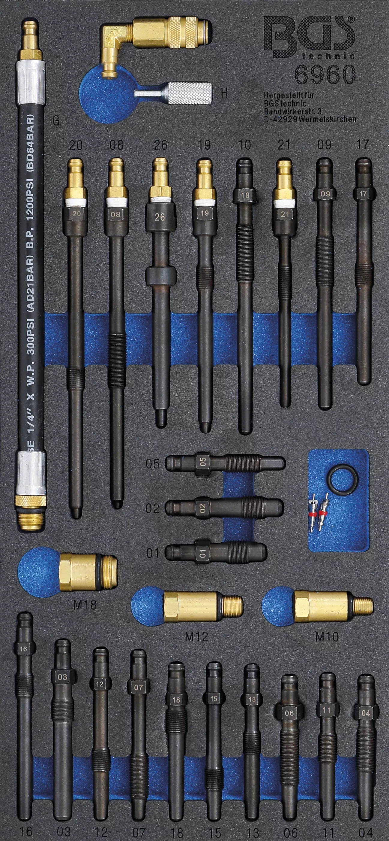 Necesar de atelier - Suport organizator pentru carucior 1/3: Set adaptoare pentru tester compresie si pierdere presiune | 30 piese