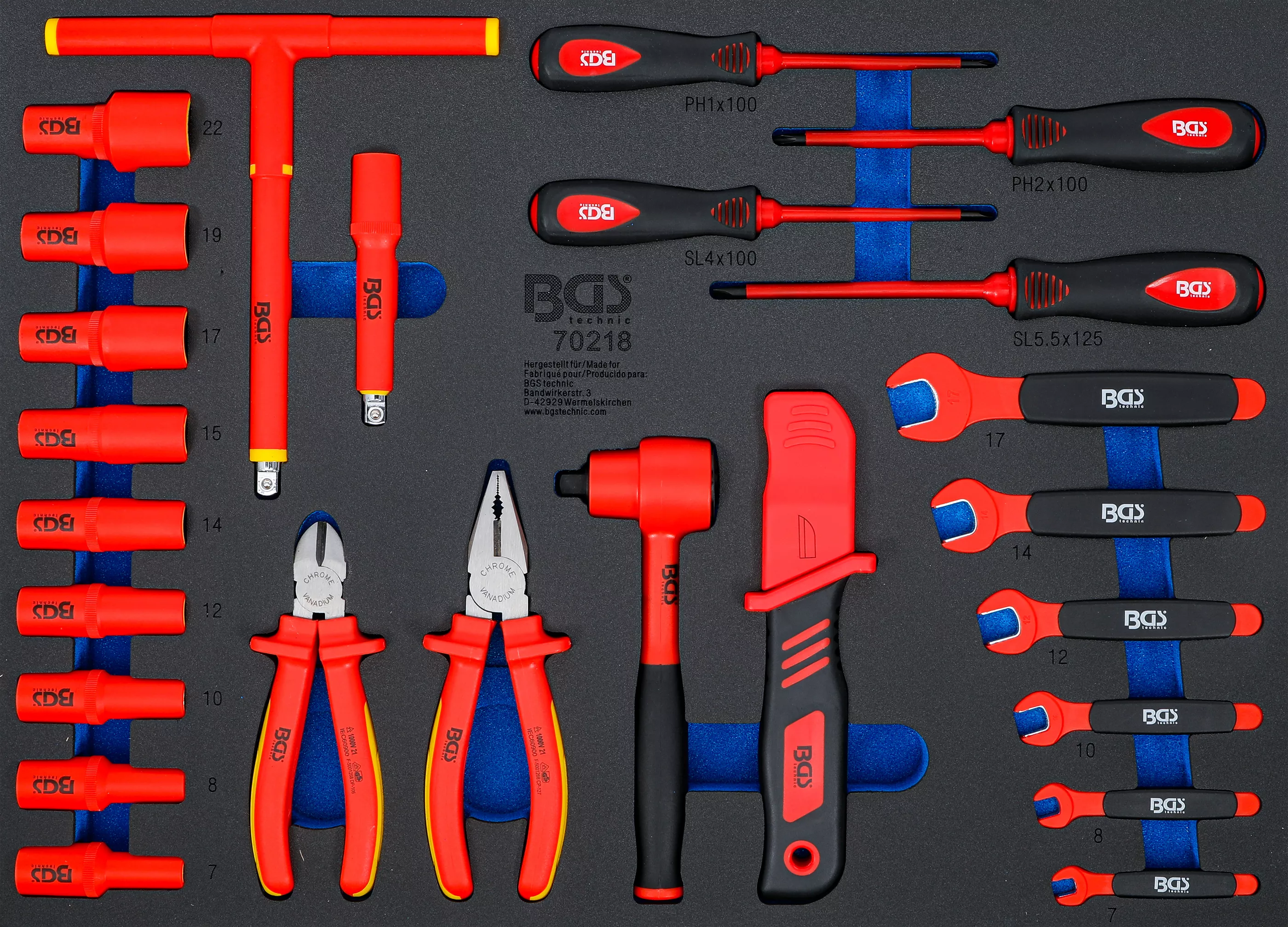 Scule pentru tensiune înaltă / Scule izolate - Suport organizator pentru carucior 3/3: Set chei tubulare VDE | 10 mm (3/8") | 26 piese