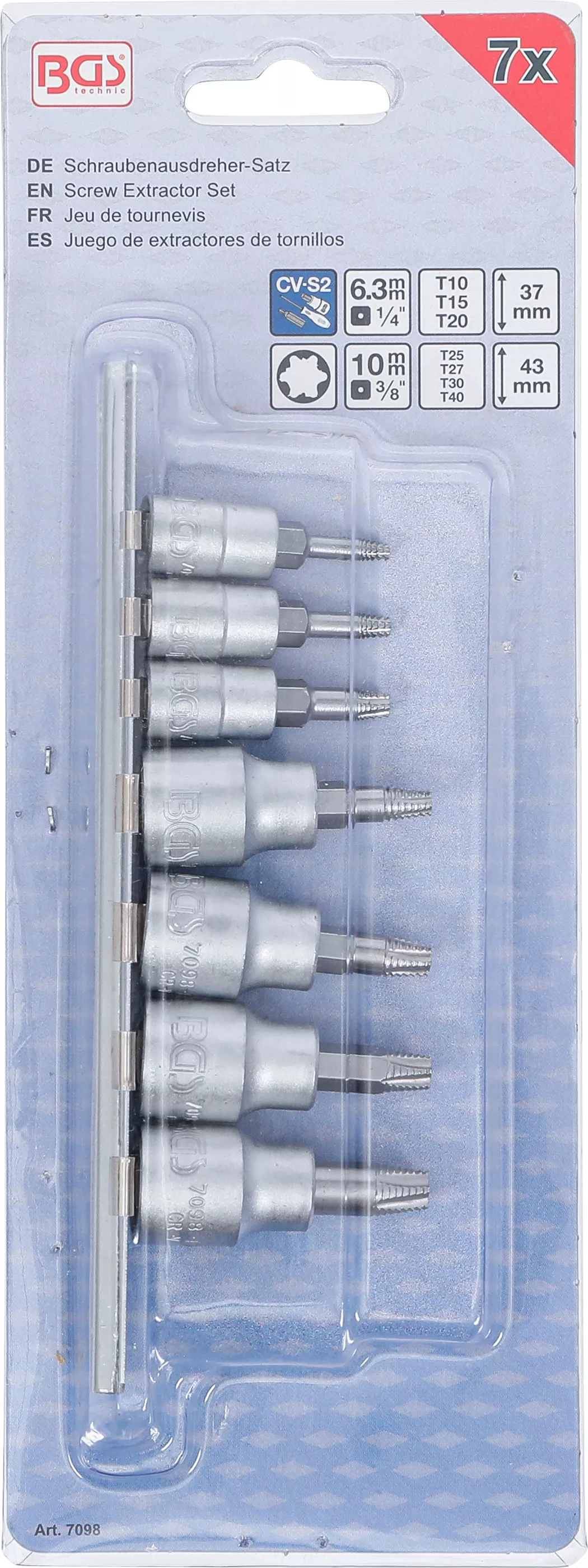Set extractoare suruburi | 6,3 mm (1/4") / 10 mm (3/8") | pentru profil T defect (pentru Torx) | T10 - T40 | 7 piese [3]