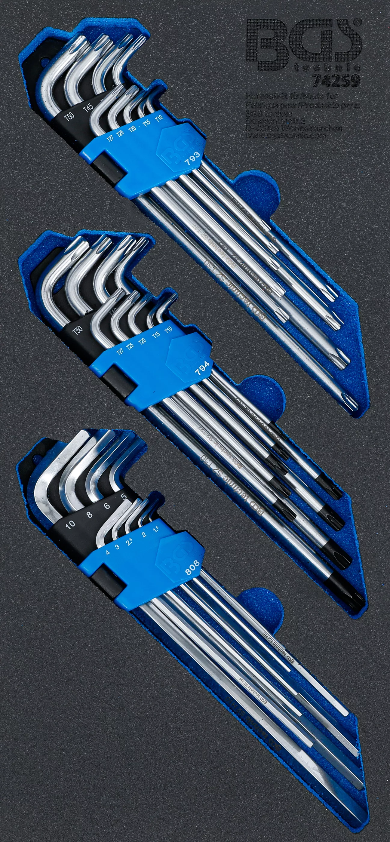 Chei cotite - Suport organizator pentru carucior 1/3: Set chei unghiulare | extra lung | Profil T (pentru Torx), Profil T (pentru Torx) cu gaura, hexagon interior | 27 piese