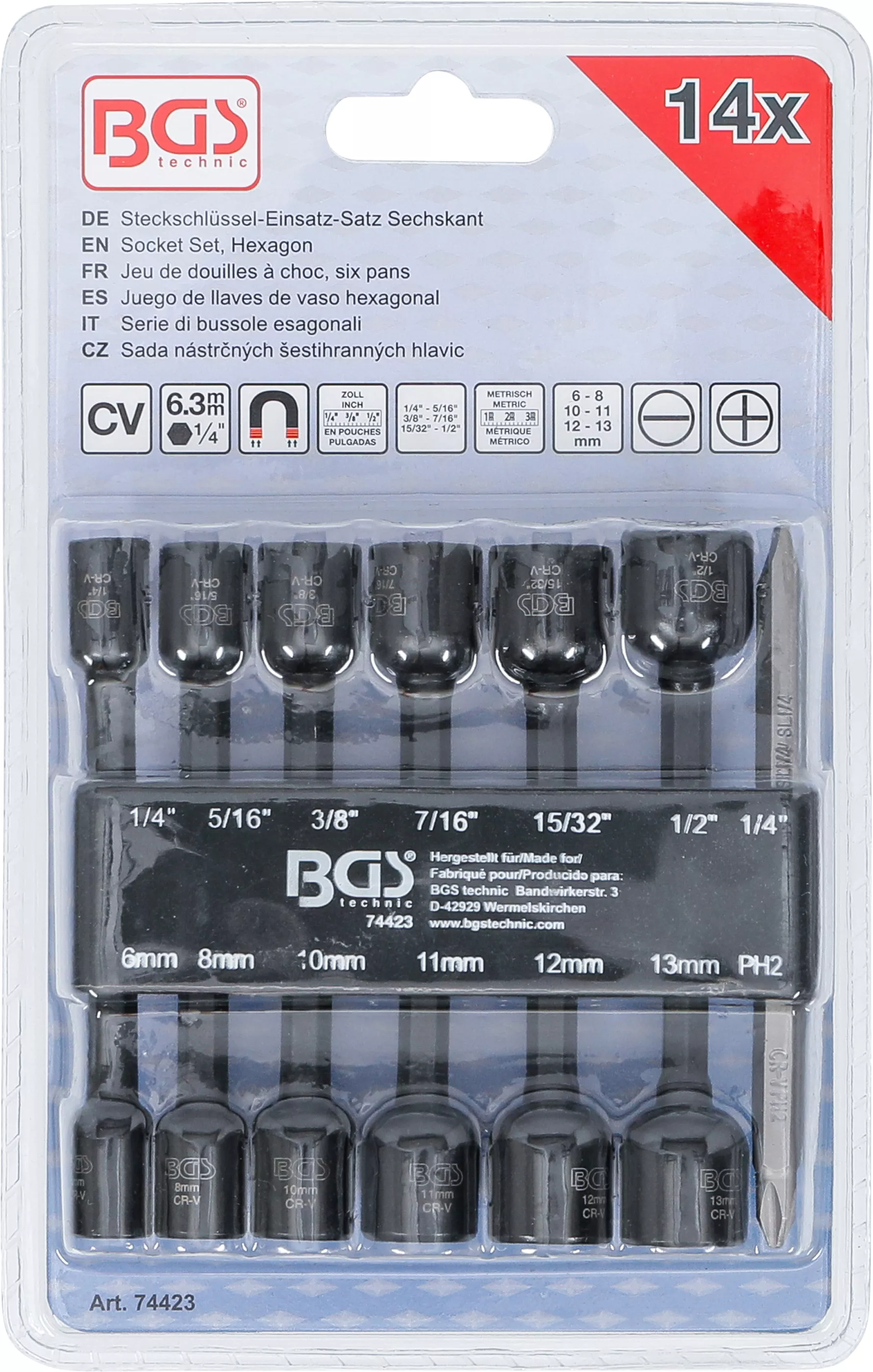 Set chei tubulare 6 colturi | Antrenare 6 colturi exterior 6,3 mm (1/4") | pentru masini de gaurit | 1/4 - 1/2", 6 - 13 mm | 14 piese [4]