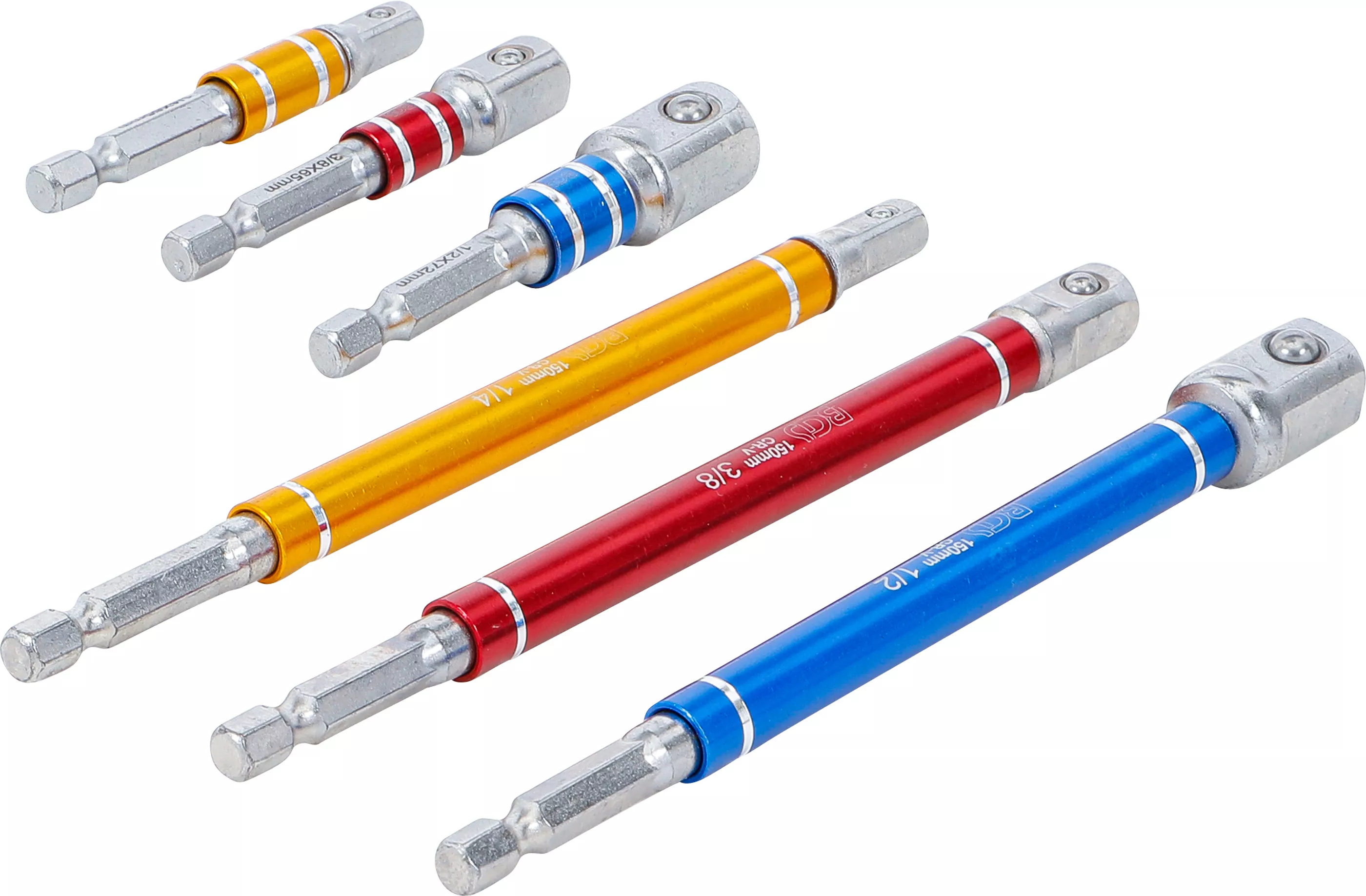 Set adaptoare pentru masini de gaurit | colorate | antrenare 6 colturi exterior 6,3 mm (1/4") | antrenat prin 6 colturi exterior 6,3 mm (1/4"), 10 mm (3/8"), 12,5 mm (1/2")| 75 - 150 mm | 6 piese [2]